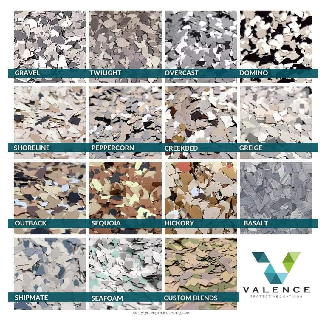 Valence Protective Coatings flake blend chart with 15 standard colors plus custom blends